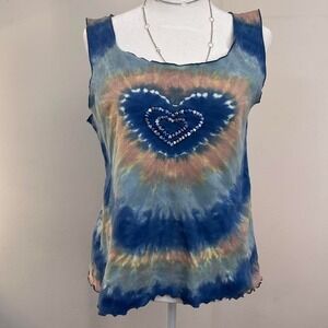 Vintage Santiki y2k blue tie dye tank top with beaded heart design